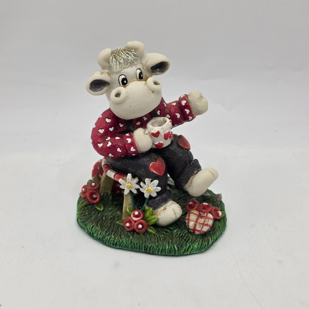Vintage Cow Figurine Heart Sweater Overalls Coffee Mug Farmhouse Resin Statue